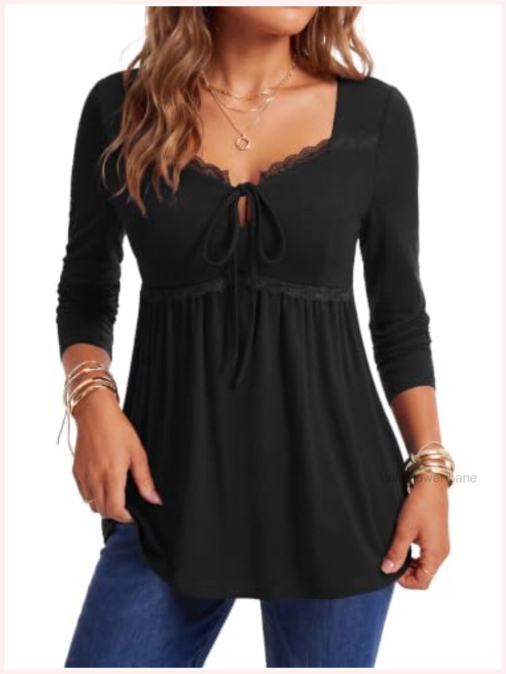 Lace Long Sleeve Peplum Blouse with Tie Front for Women